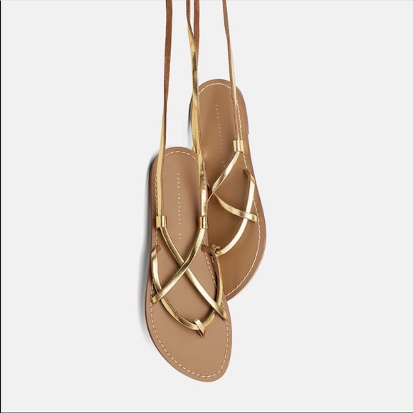 Zara Sandals Lace up Gold Flat Sandals